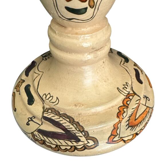 Unique Hand Painted Floral Neutral Colors Wooden Candle Holders Set of 2 - Picture 4 of 10